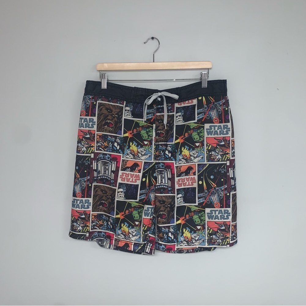 Star‎ Wars Board Swim Shorts Men’s Large Black Comic Print Elastic Waist - Picture 2 of 7